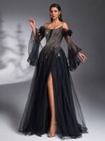 SD3192 Black Asymmetric Beaded Sheer Flared Gown - Image 5