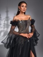 SD3192 Black Asymmetric Beaded Sheer Flared Gown