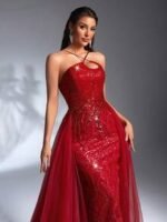 SD3185 Luxury Red Asymmetrical Trailing Gown - Image 7