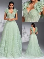 SD3190 Spring Green Handmade Applique Flared Gown - Image 4