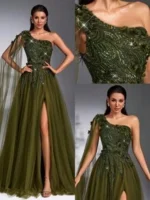 SD3169 Luxe Olive One-Shoulder Sequin Gown - Image 4
