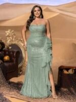 SD3285 Strapless Sequin Gown With Front Ruffled Cascade - Image 8