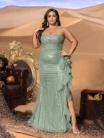 SD3285 Strapless Sequin Gown With Front Ruffled Cascade - Image 7