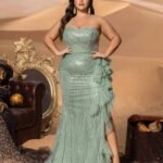 SD3285 Strapless Sequin Gown With Front Ruffled Cascade