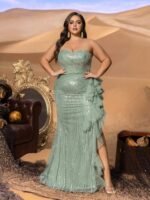 SD3285 Strapless Sequin Gown With Front Ruffled Cascade