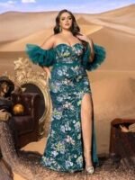 SD3279 Floral Beaded Mermaid Gown With Mesh Ruffle Sleeves