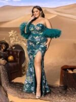 SD3279 Floral Beaded Mermaid Gown With Mesh Ruffle Sleeves - Image 5