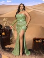 SD3284 One-Shoulder Beaded Gown With Sheer Tulle Sleeves - Image 4