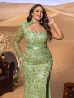 SD3284 One-Shoulder Beaded Gown With Sheer Tulle Sleeves