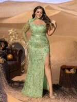 SD3284 One-Shoulder Beaded Gown With Sheer Tulle Sleeves - Image 7