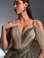 SD3268 Olive Green Sequin Beaded Ruffle Mermaid Gown - Image 9