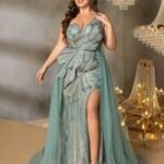 SD3280 Emerald Beaded Off-Shoulder Tulle Overlay Gown