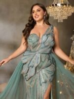 SD3280 Emerald Beaded Off-Shoulder Tulle Overlay Gown - Image 8