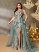 SD3280 Emerald Beaded Off-Shoulder Tulle Overlay Gown - Image 3