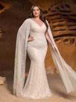 SD3288 Beaded V-Neck Mermaid Gown With Floor-Length Sleeves - Image 2