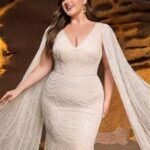 SD3288 Beaded V-Neck Mermaid Gown With Floor-Length Sleeves