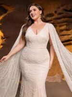 SD3288 Beaded V-Neck Mermaid Gown With Floor-Length Sleeves