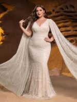 SD3288 Beaded V-Neck Mermaid Gown With Floor-Length Sleeves - Image 4