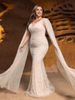 SD3288 Beaded V-Neck Mermaid Gown With Floor-Length Sleeves - Image 3
