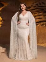 SD3288 Beaded V-Neck Mermaid Gown With Floor-Length Sleeves - Image 9