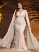SD3288 Beaded V-Neck Mermaid Gown With Floor-Length Sleeves - Image 7