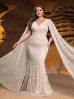 SD3288 Beaded V-Neck Mermaid Gown With Floor-Length Sleeves - Image 6