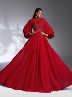 SD3264 Burgundy Stand Collar Lantern Sleeve Gown - Image 5