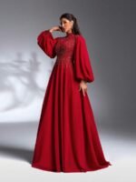 SD3264 Burgundy Stand Collar Lantern Sleeve Gown - Image 7