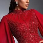 SD3264 Burgundy Stand Collar Lantern Sleeve Gown