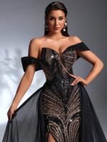 SD3271 Black & Gold Pearl Sequin Trailing Gown