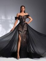 SD3271 Black & Gold Pearl Sequin Trailing Gown - Image 9