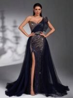 SD3270 One-Shoulder Navy Blue Sequin Beaded Trailing Gown - Image 9