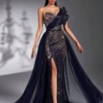 SD3270 One-Shoulder Navy Blue Sequin Beaded Trailing Gown
