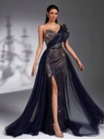 SD3270 One-Shoulder Navy Blue Sequin Beaded Trailing Gown