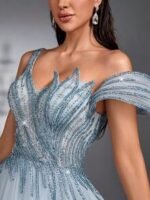 SD3276 Asymmetrical Beaded Tulle Maxi Gown