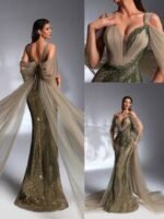 SD3268 Olive Green Sequin Beaded Ruffle Mermaid Gown - Image 8