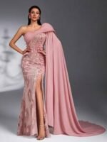 SD3272 Lotus Pink 3D Floral Cape Sleeve Gown - Image 10