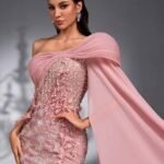 SD3272 Lotus Pink 3D Floral Cape Sleeve Gown