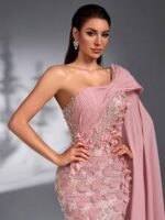 SD3272 Lotus Pink 3D Floral Cape Sleeve Gown - Image 4