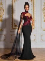SD3278 Black & Red Contrast One-Shoulder Gown - Image 6