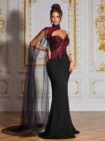 SD3278 Black & Red Contrast One-Shoulder Gown - Image 11
