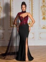 SD3278 Black & Red Contrast One-Shoulder Gown - Image 9