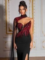 SD3278 Black & Red Contrast One-Shoulder Gown - Image 12