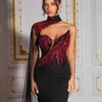 SD3278 Black & Red Contrast One-Shoulder Gown