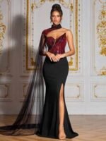 SD3278 Black & Red Contrast One-Shoulder Gown - Image 7