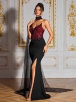 SD3278 Black & Red Contrast One-Shoulder Gown - Image 3