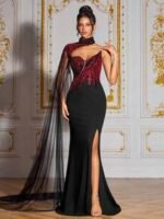 SD3278 Black & Red Contrast One-Shoulder Gown - Image 8