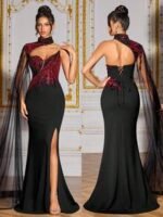 SD3278 Black & Red Contrast One-Shoulder Gown - Image 2